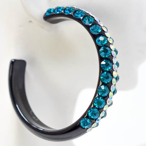 2.5" Teal/AB Rhinestones Black Lucite Hoop Earring - Picture 4 of 7